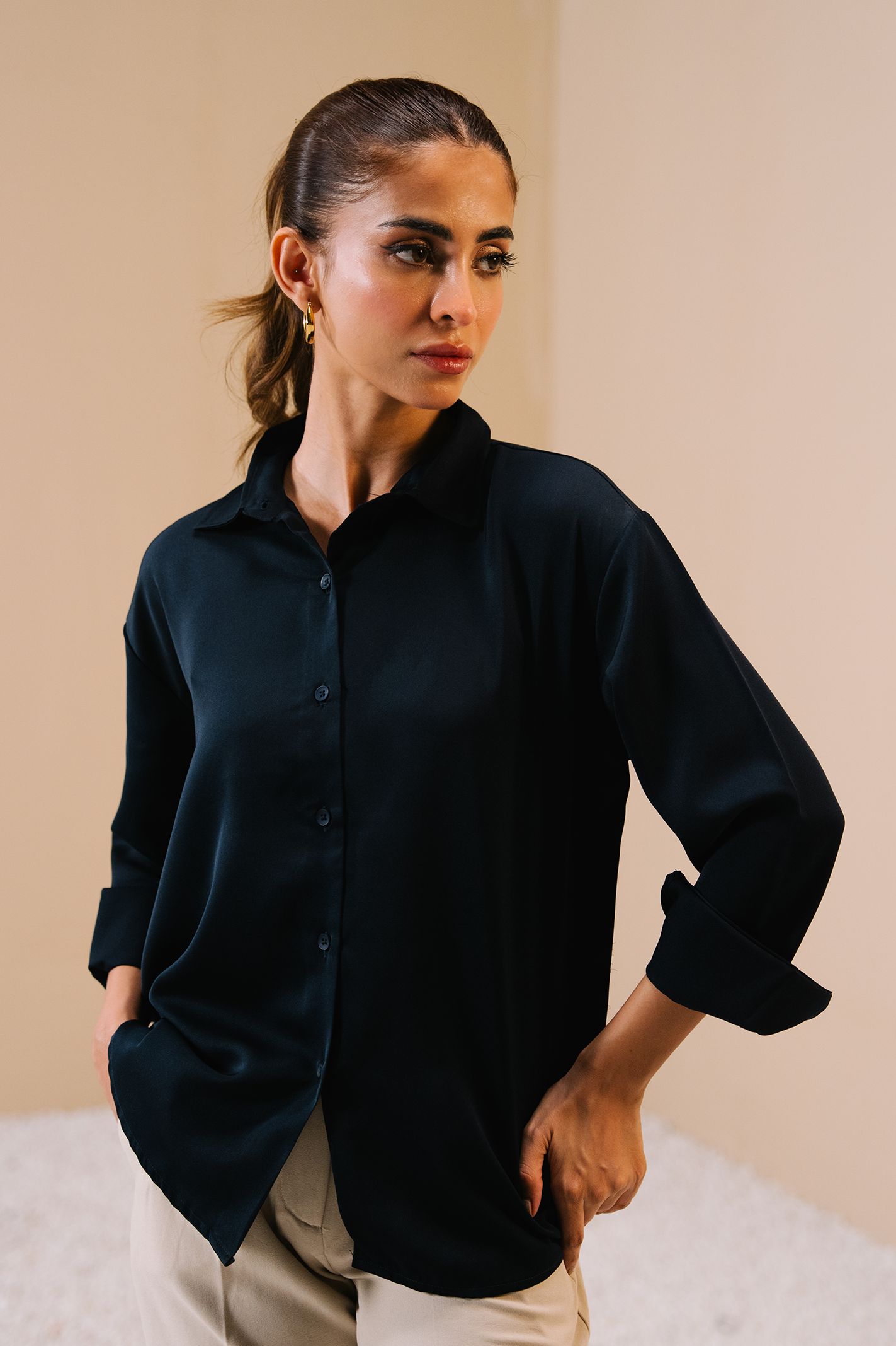 Satin button-down Shirt - Navy Main image