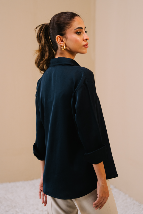 Satin button-down Shirt - Navy