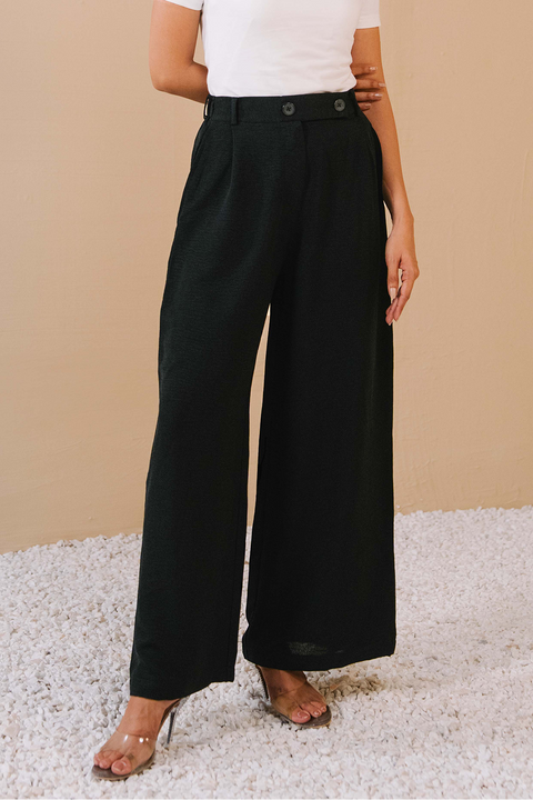 Pleated Wide Leg Pants- Black