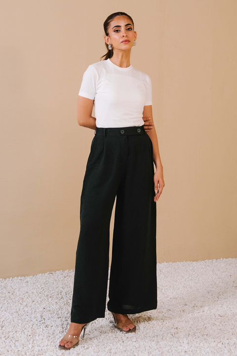 Pleated Wide Leg Pants- Black