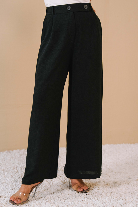 Pleated Wide Leg Pants- Black