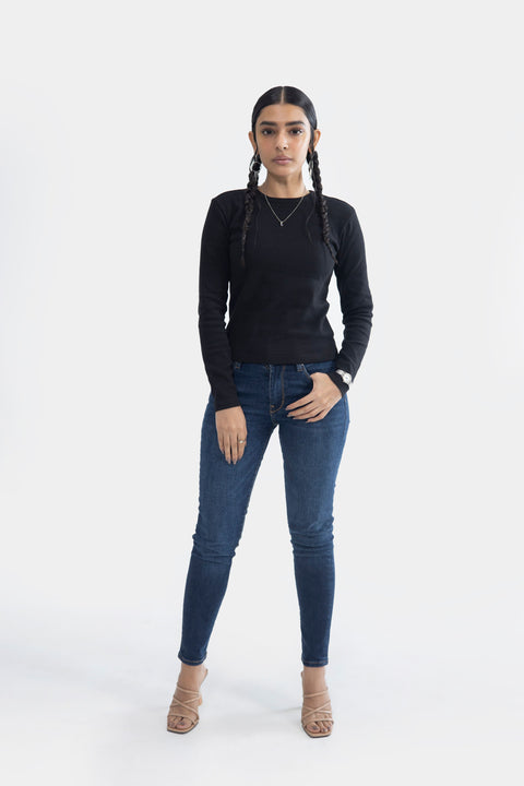Round Neck Ribbed Top - Black