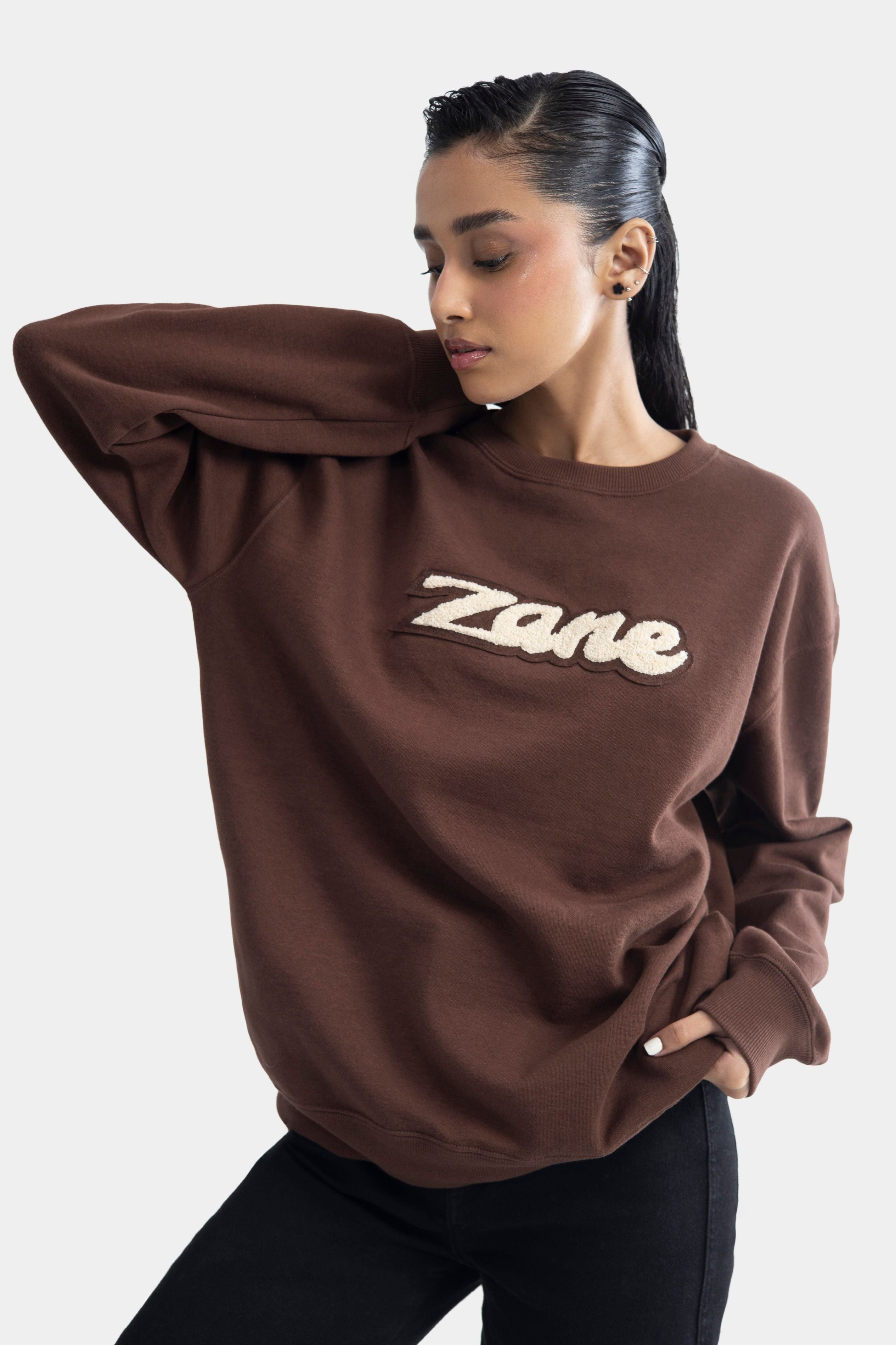 Drop Shoulder Boucle Sweatshirt - Brown Secondary image