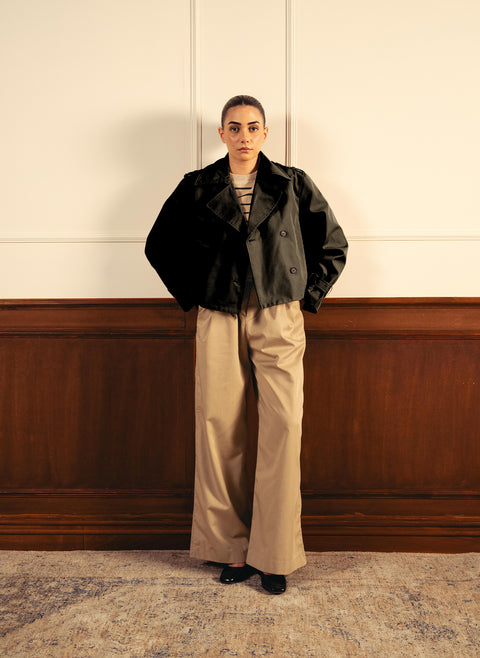 Double Breasted Cropped Trench Coat - Black