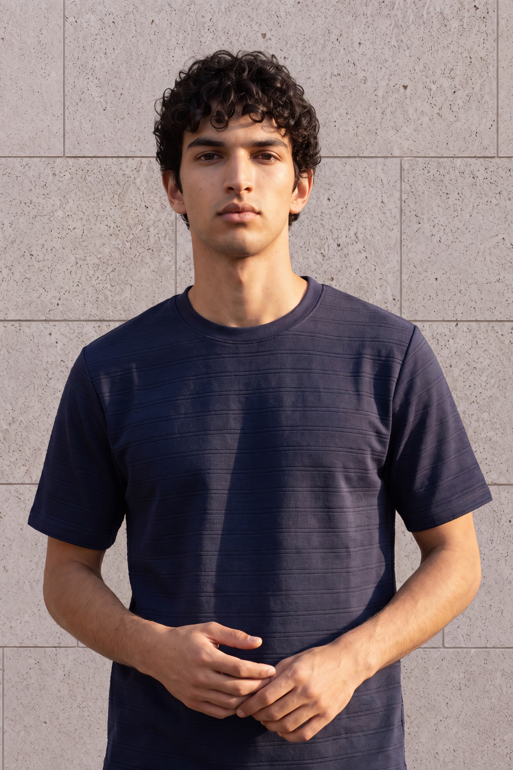 Textured Crew Neck Tee - Navy