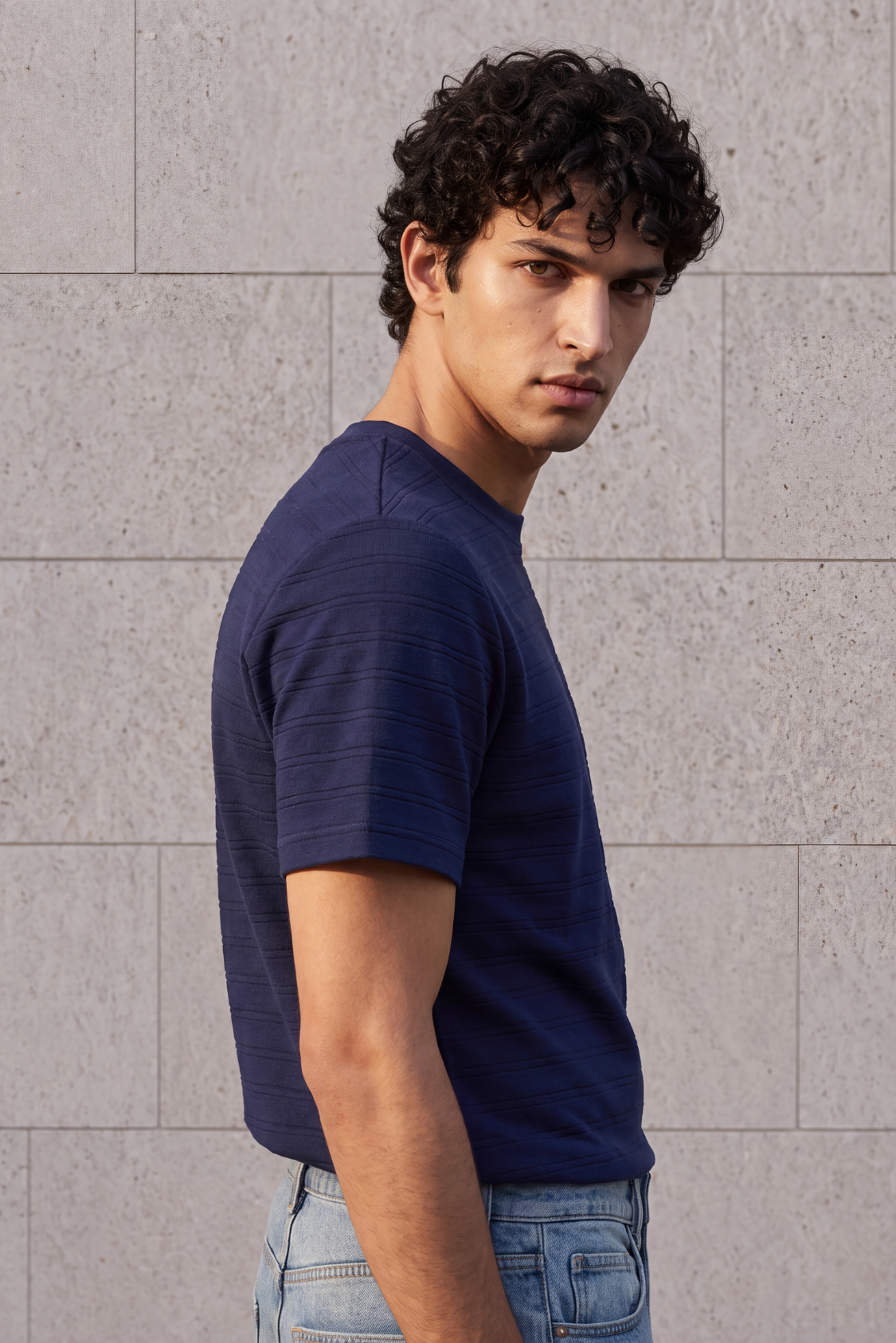 Textured Crew Neck Tee - Navy Secondary image