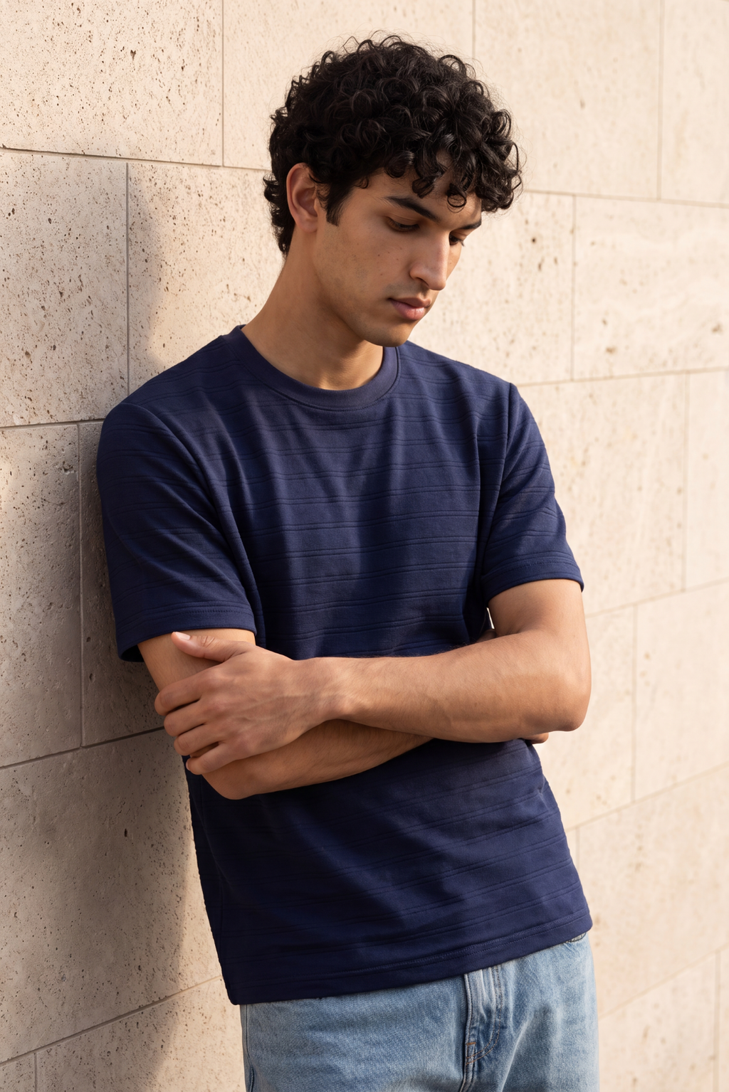 Textured Crew Neck Tee - Navy