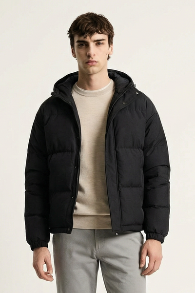 Insulated Hooded Puffer Jacket - Black