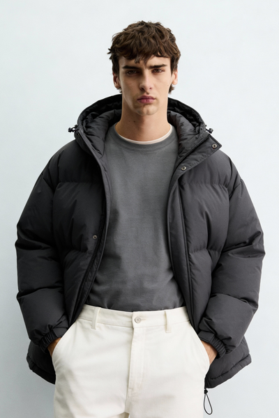 Insulated Hooded Puffer Jacket - Gray