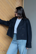 Double Breasted Cropped Trench Coat - Black