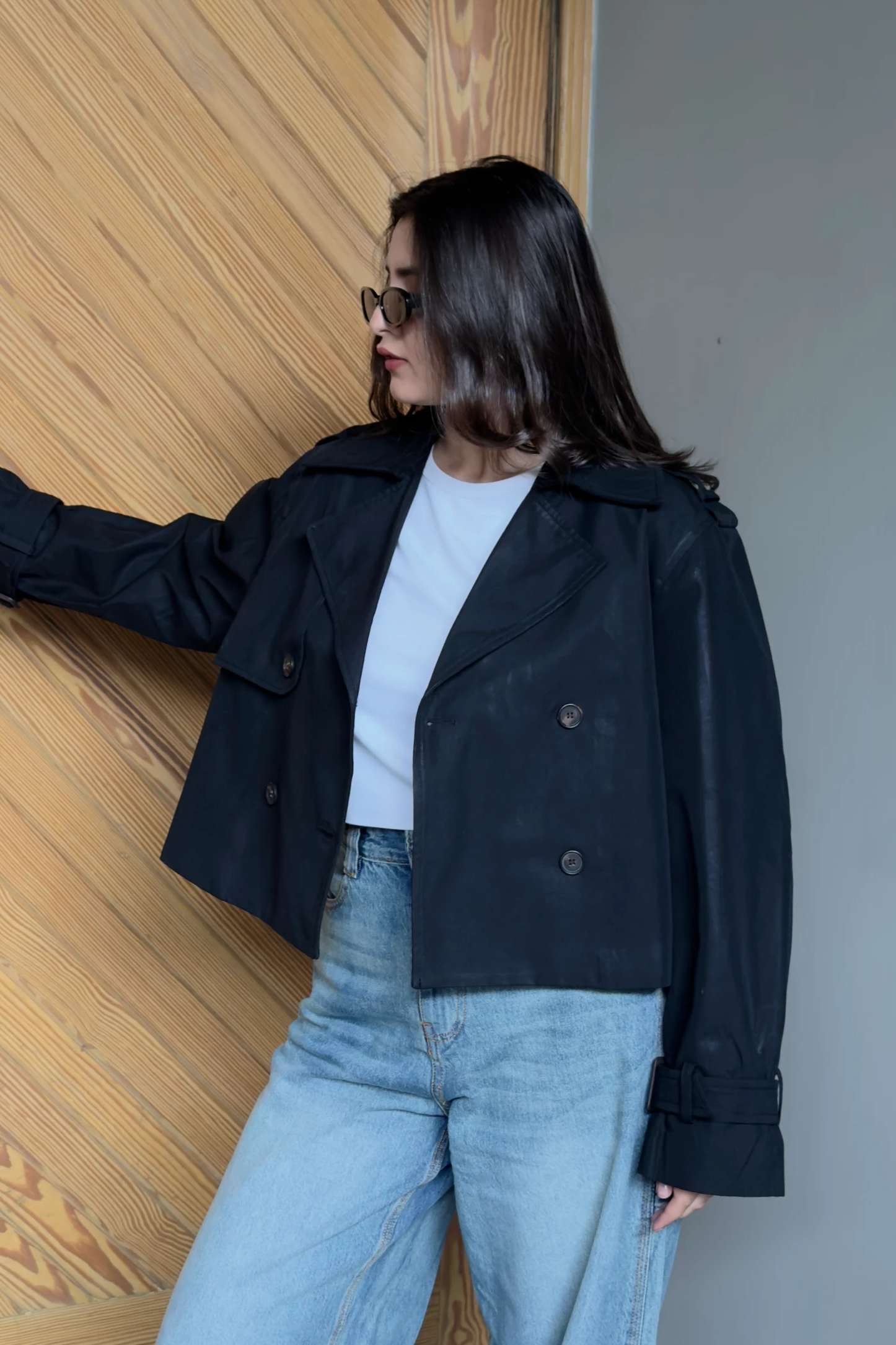 Double Breasted Cropped Trench Coat - Black