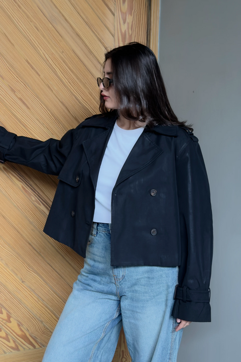 Double Breasted Cropped Trench Coat - Black