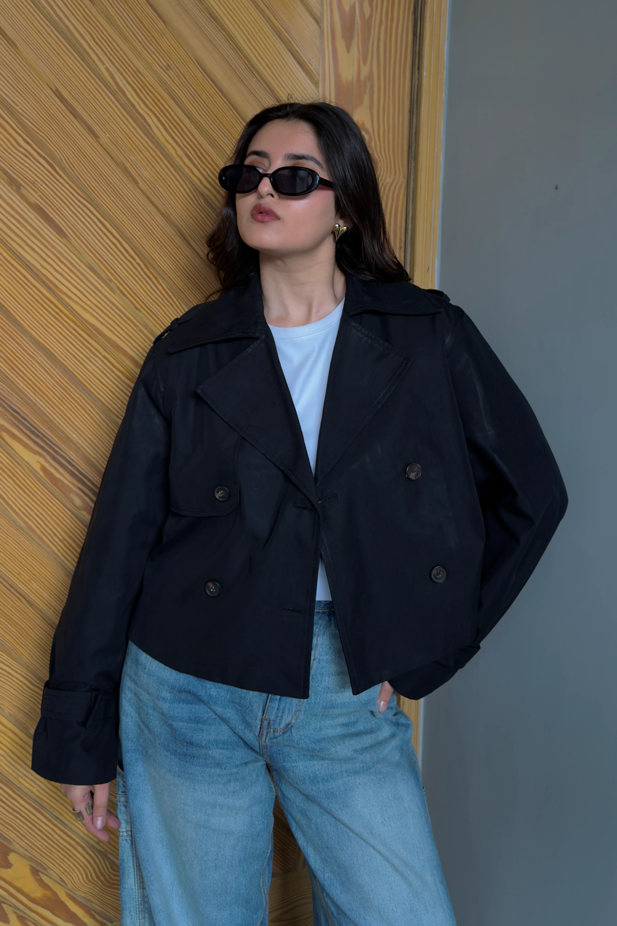 Double Breasted Cropped Trench Coat - Black Main image