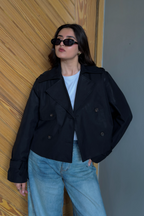 Double Breasted Cropped Trench Coat - Black