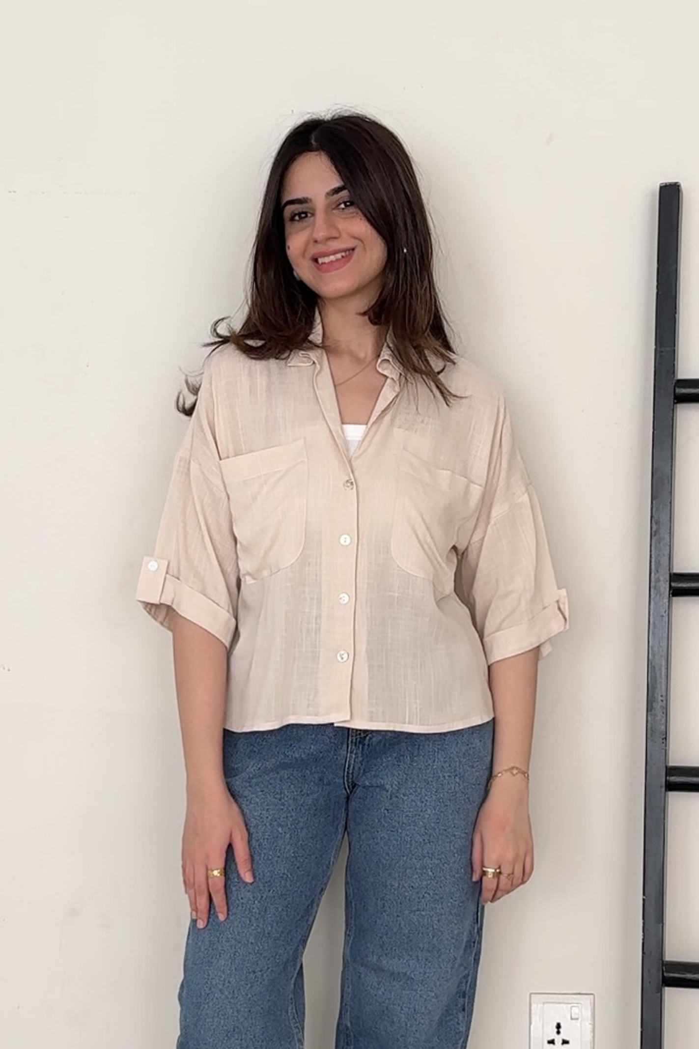 Cropped Shirt with Pockets - Beige Main image