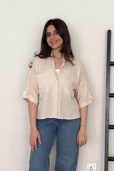 Cropped Shirt with Pockets - Beige
