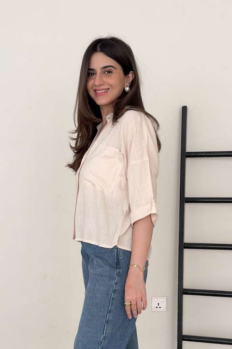 Cropped Shirt with Pockets - Beige