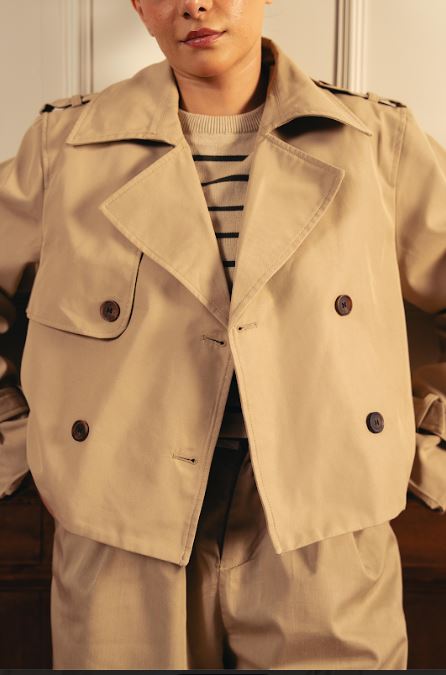Double Breasted Cropped Trench Coat - Khaki