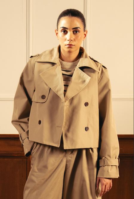 Double Breasted Cropped Trench Coat - Khaki