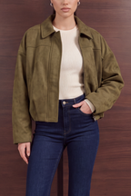 Relaxed Faux Suede Bomber Jacket - Olive Green