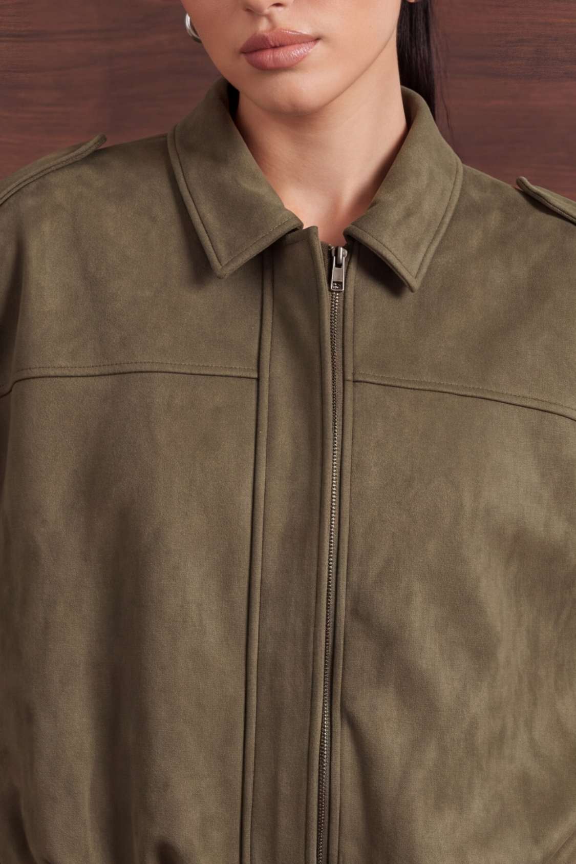 Relaxed Faux Suede Bomber Jacket - Olive Green