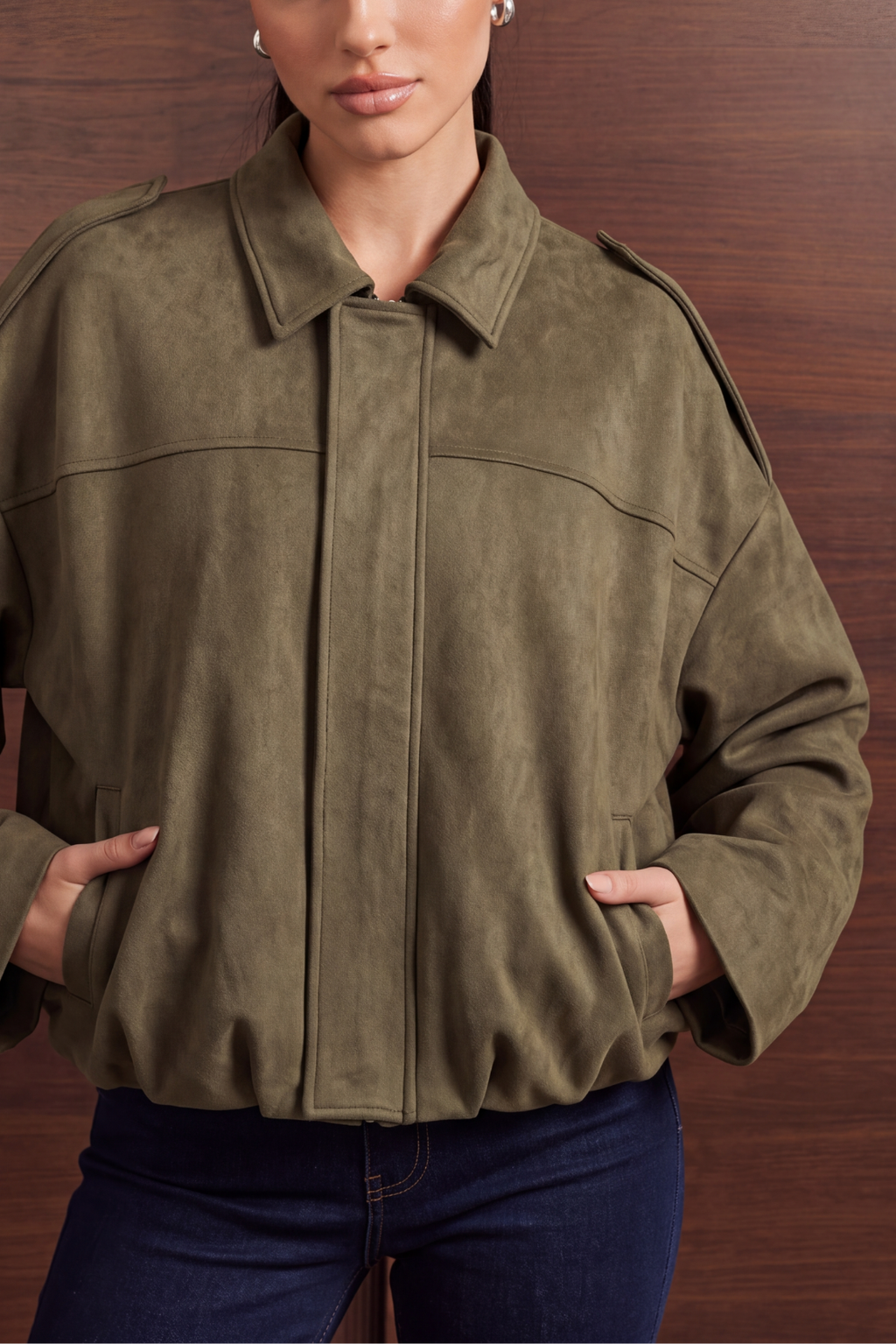 Relaxed Faux Suede Bomber Jacket - Olive Green
