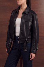 Buckle Faux Leather Jacket - Black