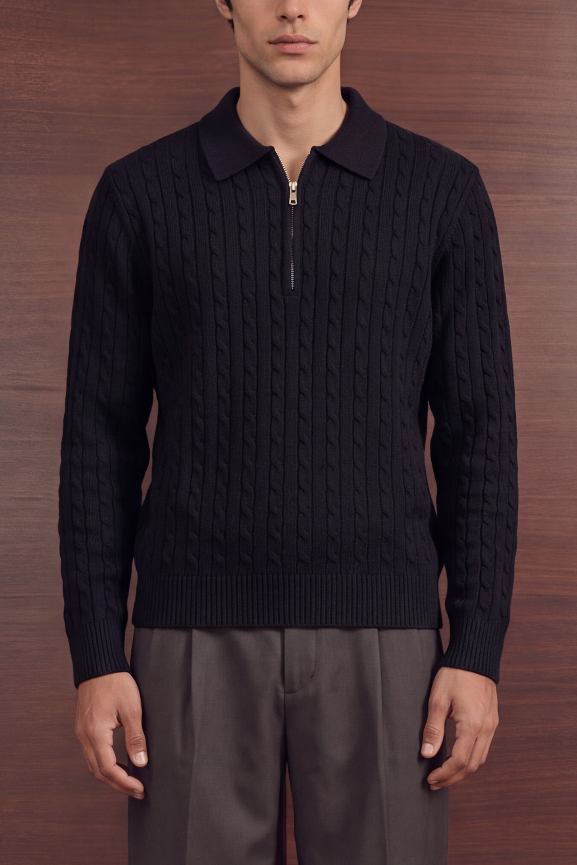 Cable Zip Knit Sweater – Black