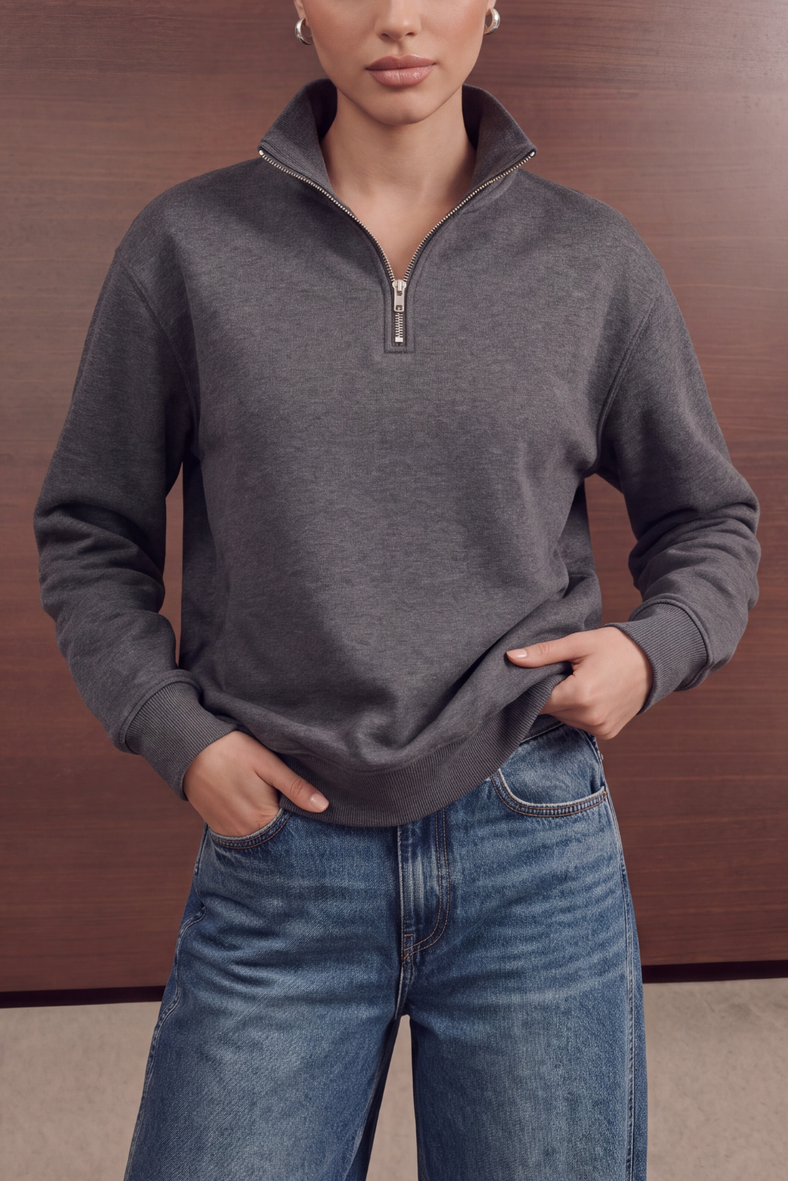 Quarter Zip Up Sweatshirt - Light Grey Secondary image