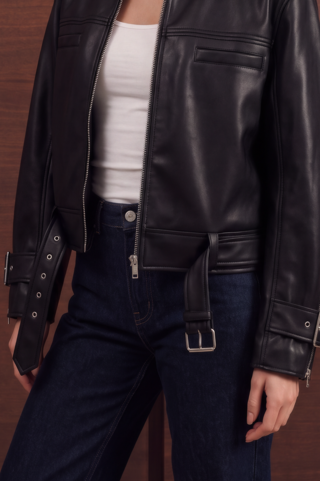 Buckle Faux Leather Jacket - Black