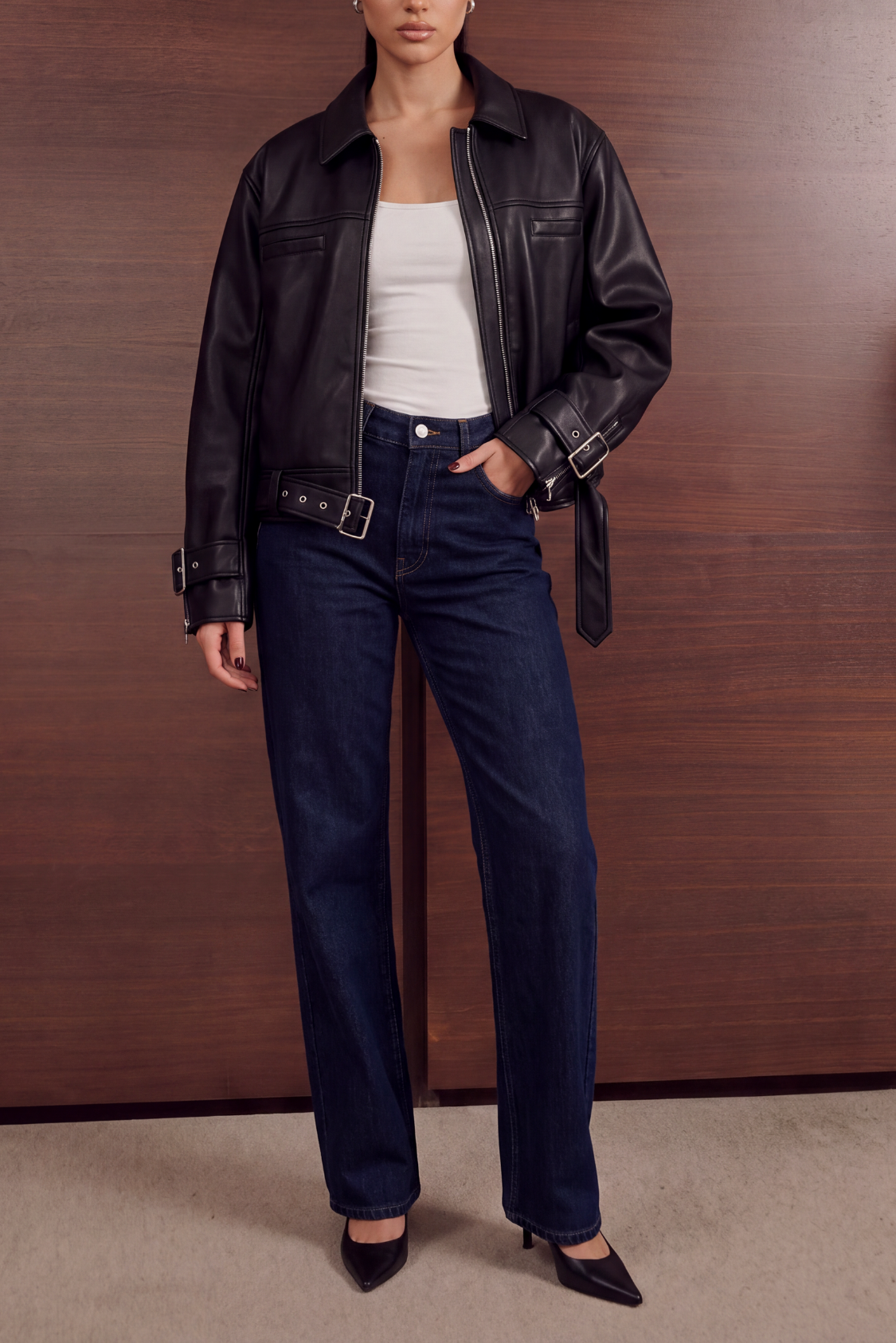 Buckle Faux Leather Jacket - Black