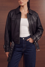 Buckle Faux Leather Jacket - Black