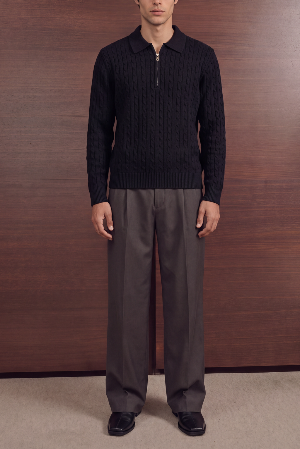 Cable Zip Knit Sweater – Black
