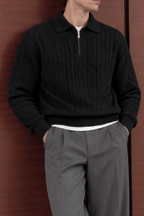 Cable Zip Knit Sweater – Black