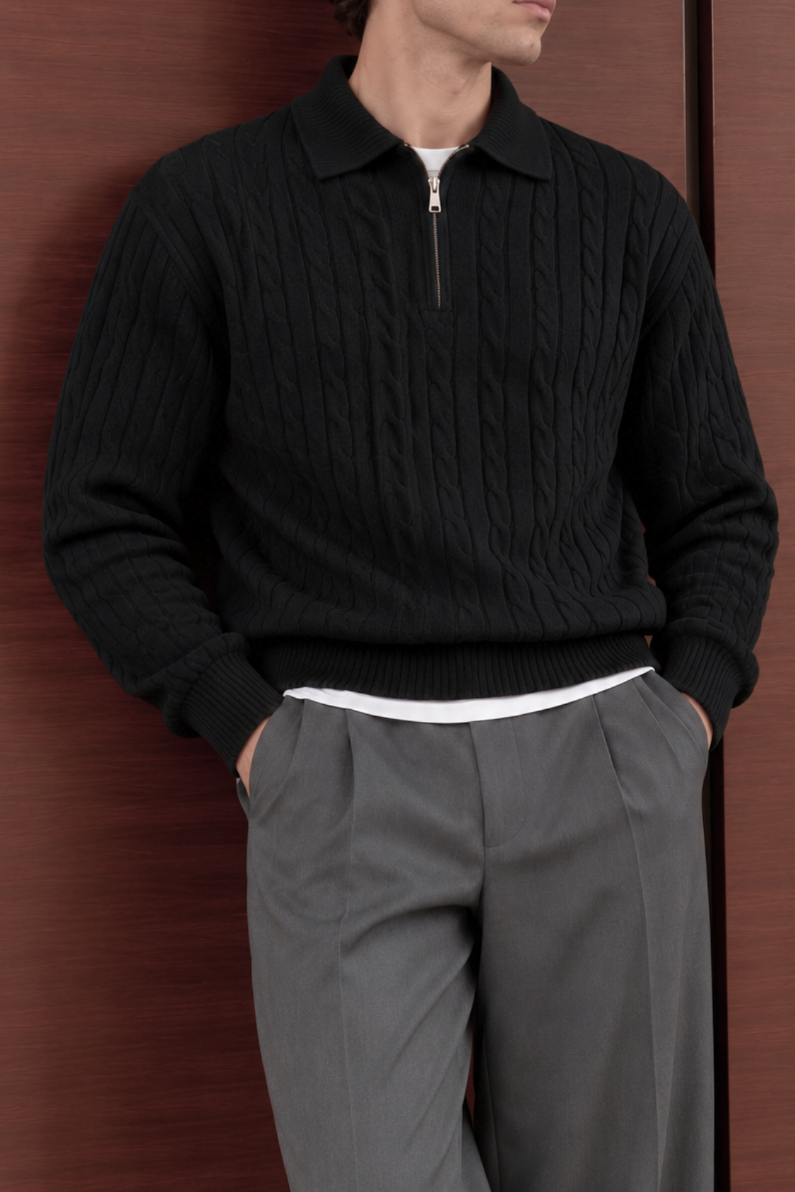 Cable Zip Knit Sweater – Black