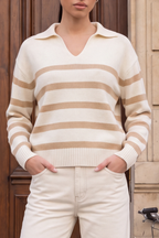 Autumn Glow Stripped Polo Sweater - Cream