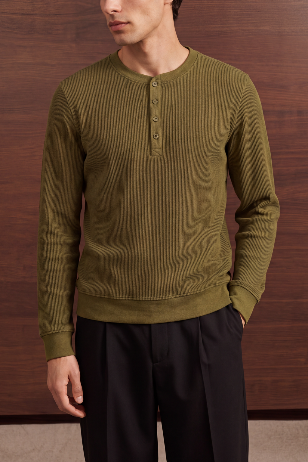 Ribbed Henley - Olive Green
