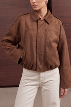 Relaxed Faux Suede Bomber Jacket - Dark Brown
