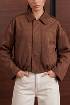Relaxed Faux Suede Bomber Jacket - Dark Brown