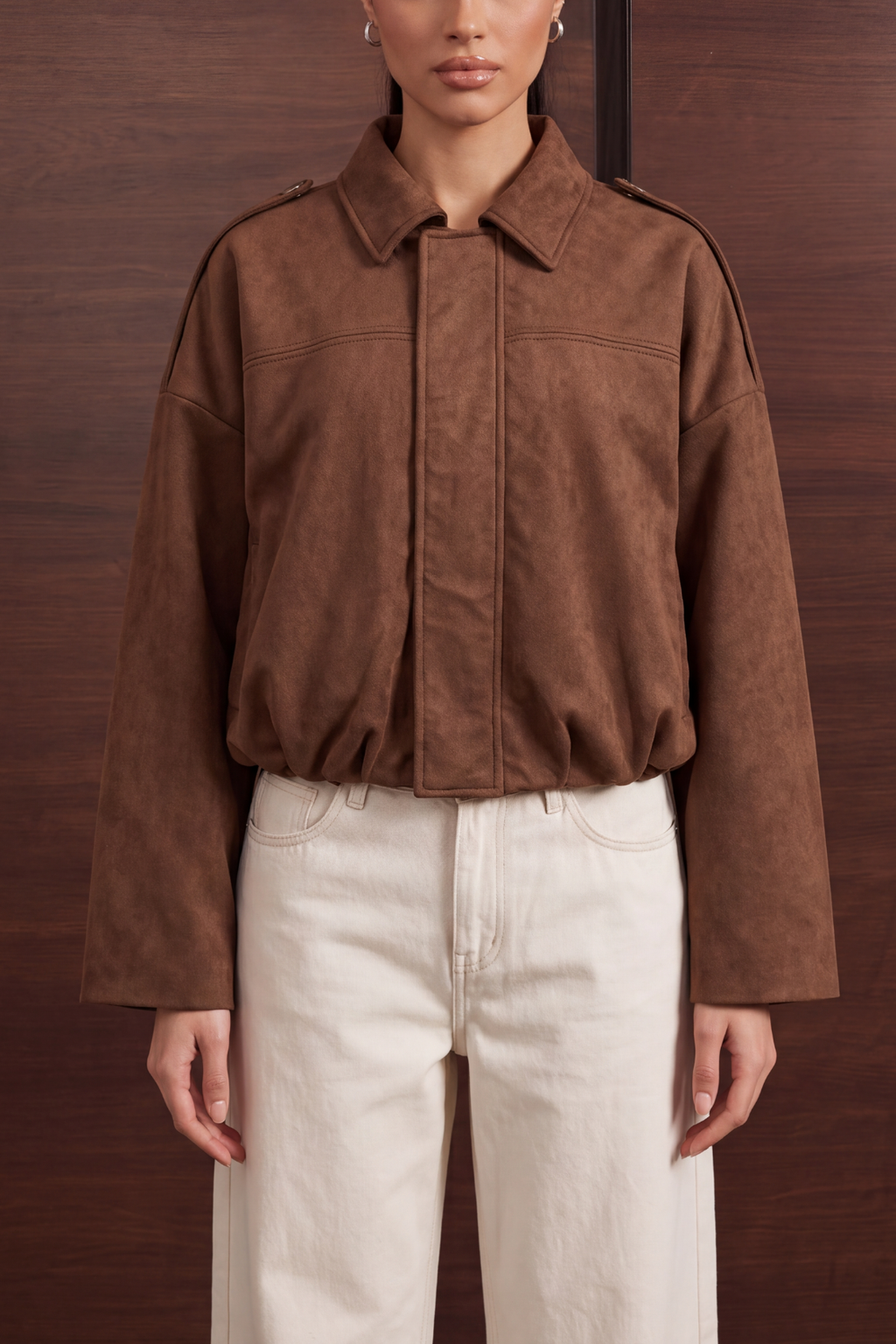 Relaxed Faux Suede Bomber Jacket - Dark Brown