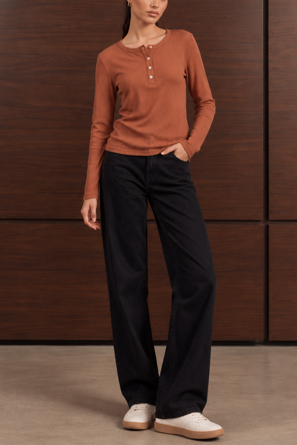 Women’s Ribbed Henley Top – Peach