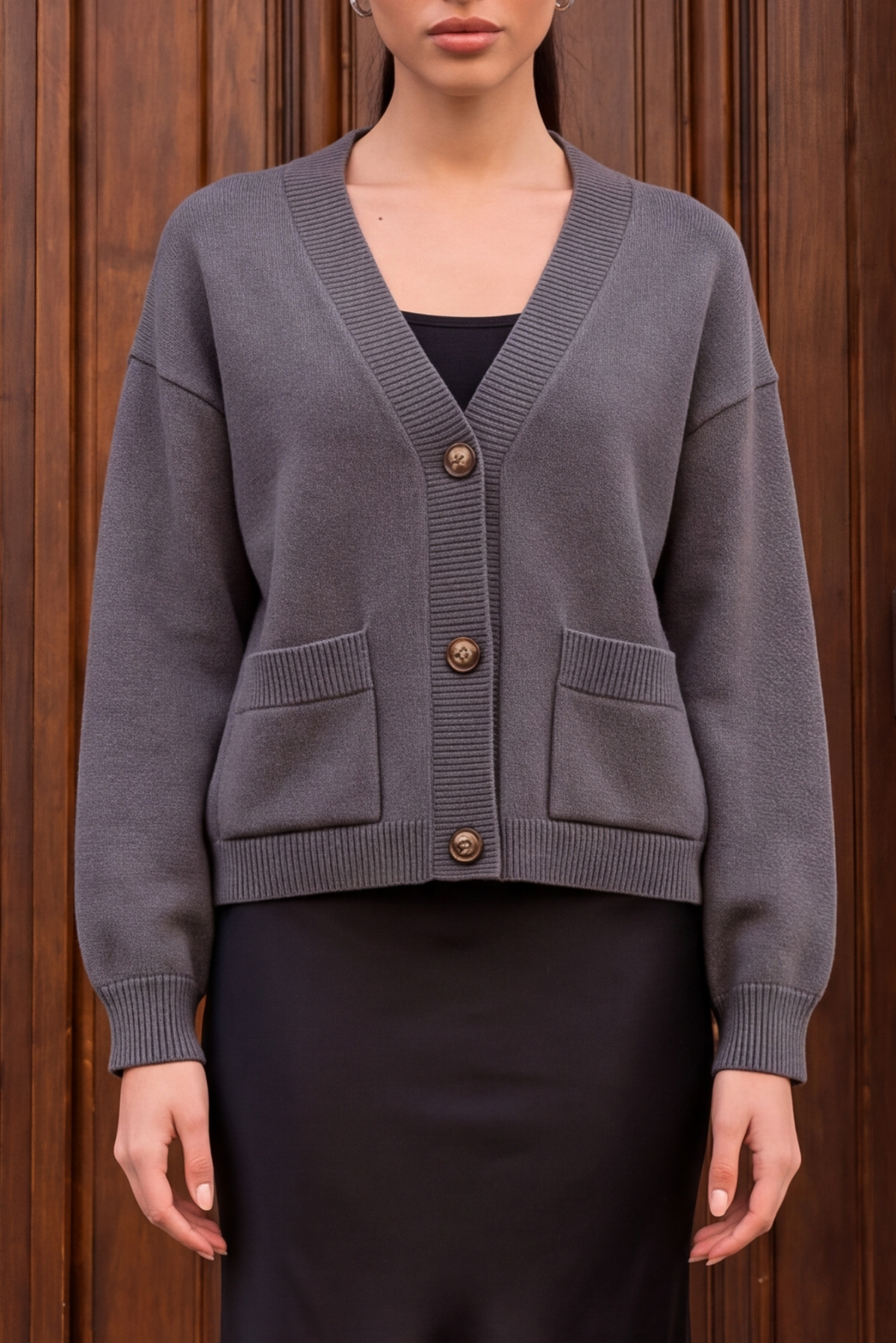 Snug-fit Wool Cardigan - Charcoal Main image