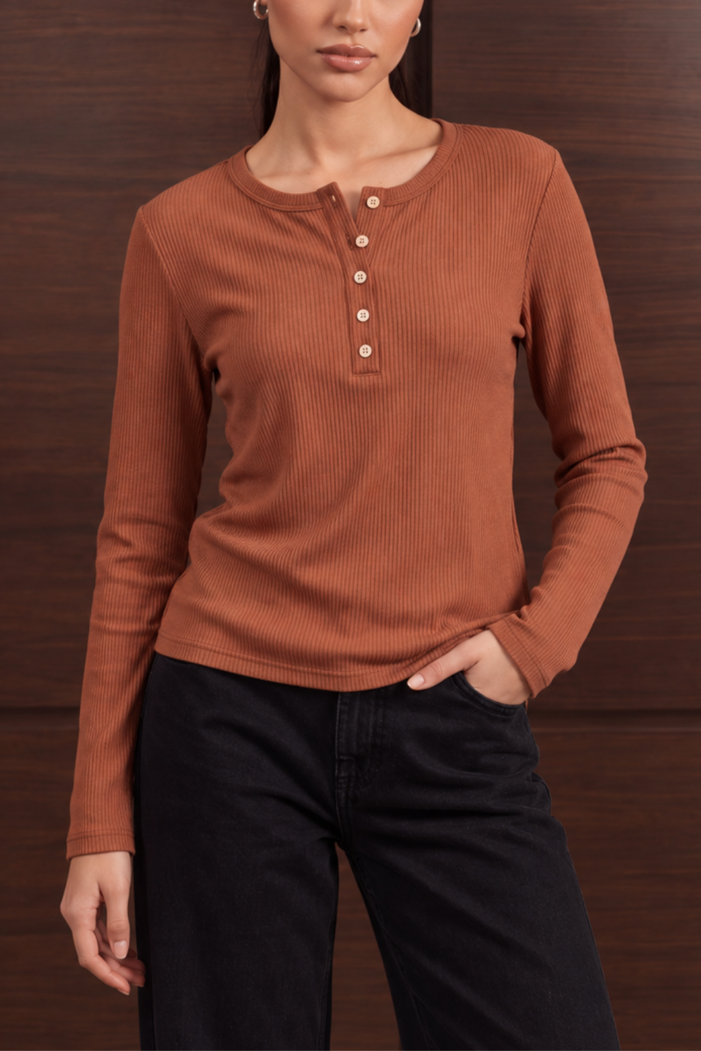Women’s Ribbed Henley Top – Peach