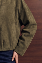 Relaxed Faux Suede Bomber Jacket - Olive Green