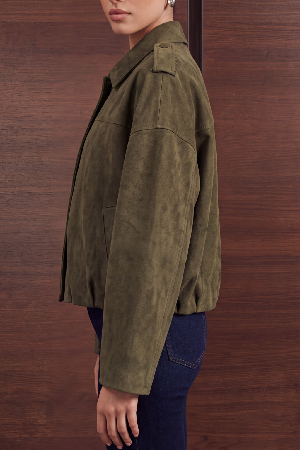 Relaxed Faux Suede Bomber Jacket - Olive Green