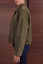 Relaxed Faux Suede Bomber Jacket - Olive Green