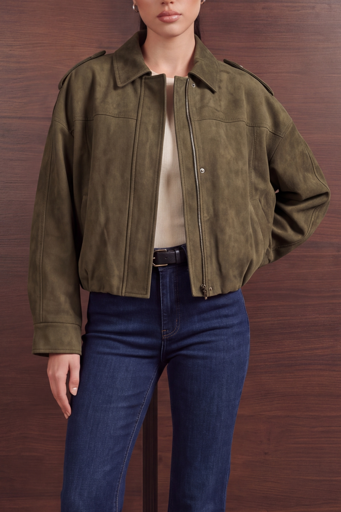 Relaxed Faux Suede Bomber Jacket - Olive Green Main image