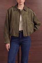Relaxed Faux Suede Bomber Jacket - Olive Green