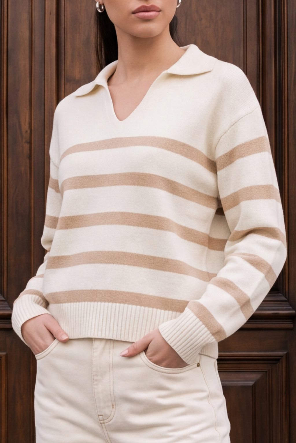 Autumn Glow Stripped Polo Sweater - Cream