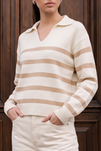 Autumn Glow Stripped Polo Sweater - Cream